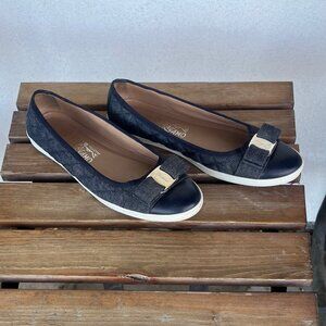 Salvatore Ferragamo Blue Quilted Denim Rufina Sneaker Ballet Flats Bow Size 9